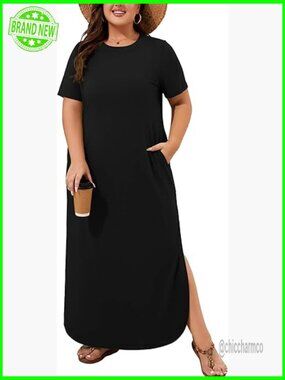 Plus Size Maxi Dress Crew Neck Short Sleeve Flowy Beach Sundress with Pockets
